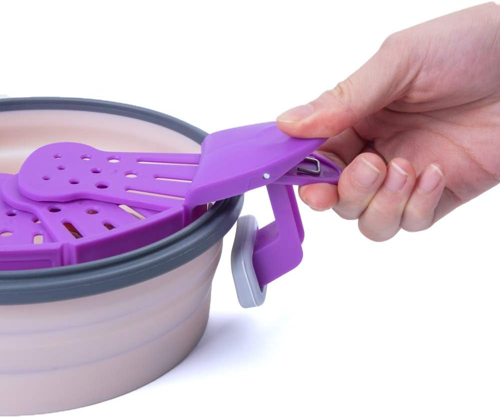 Clip on Strainer with 4 Hot Pads to Drain Water Withstand High and Low Temperature Easy to Use on Many Different Types of Pots Pans and Bowls