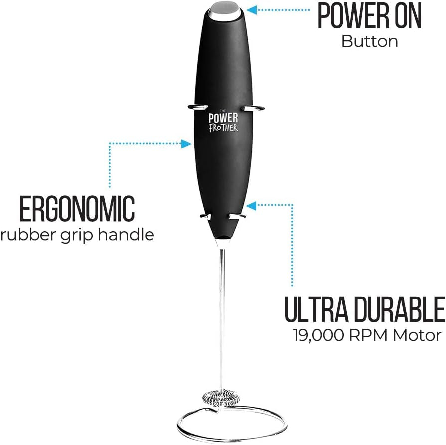 Milk Frother - Black Power Frother - Ultra Durable Electric Handheld - Battery Operated for Coffee, Protein Powder, Collagen, Pre-Workout, Greens, Matcha - Quiet & High Powered - Stand Included