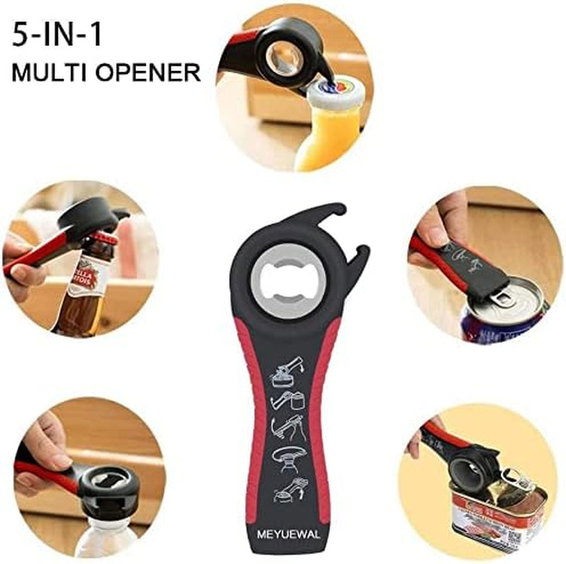 Jar Opener, 5 in 1 Multi Function Can Opener Bottle Opener Kit with Silicone Handle Easy to Use for Children, Elderly and Arthritis Sufferers (Apple Red）