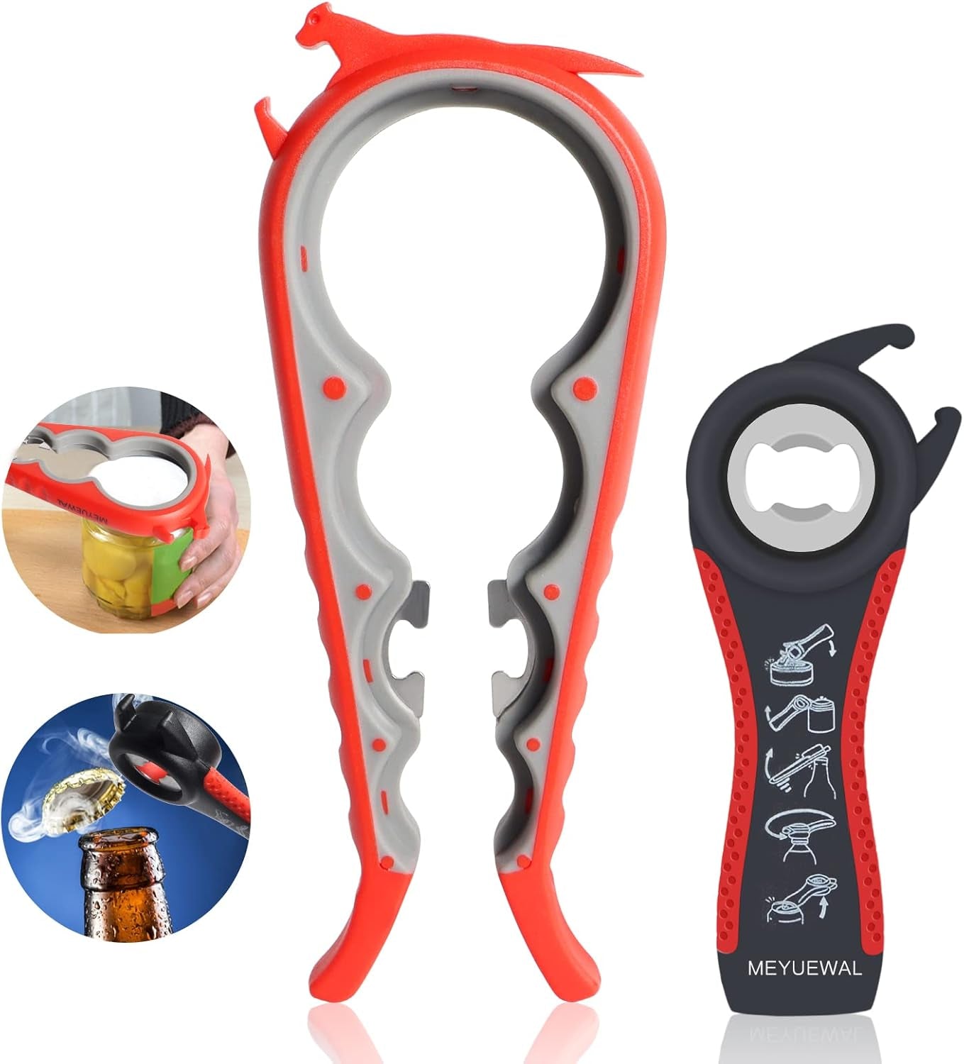 Jar Opener, 5 in 1 Multi Function Can Opener Bottle Opener Kit with Silicone Handle Easy to Use for Children, Elderly and Arthritis Sufferers (Apple Red）