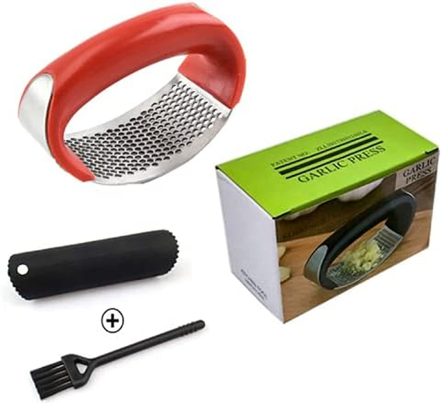 Garlic Press, Garlic Press Stainless Steel, Garlic Press Rocker Garlic Peeler Set Cleaning Brush Kitchen Garlic Chopper Press Rocker Easy Operate and Clean Kitchen Tools (Red)