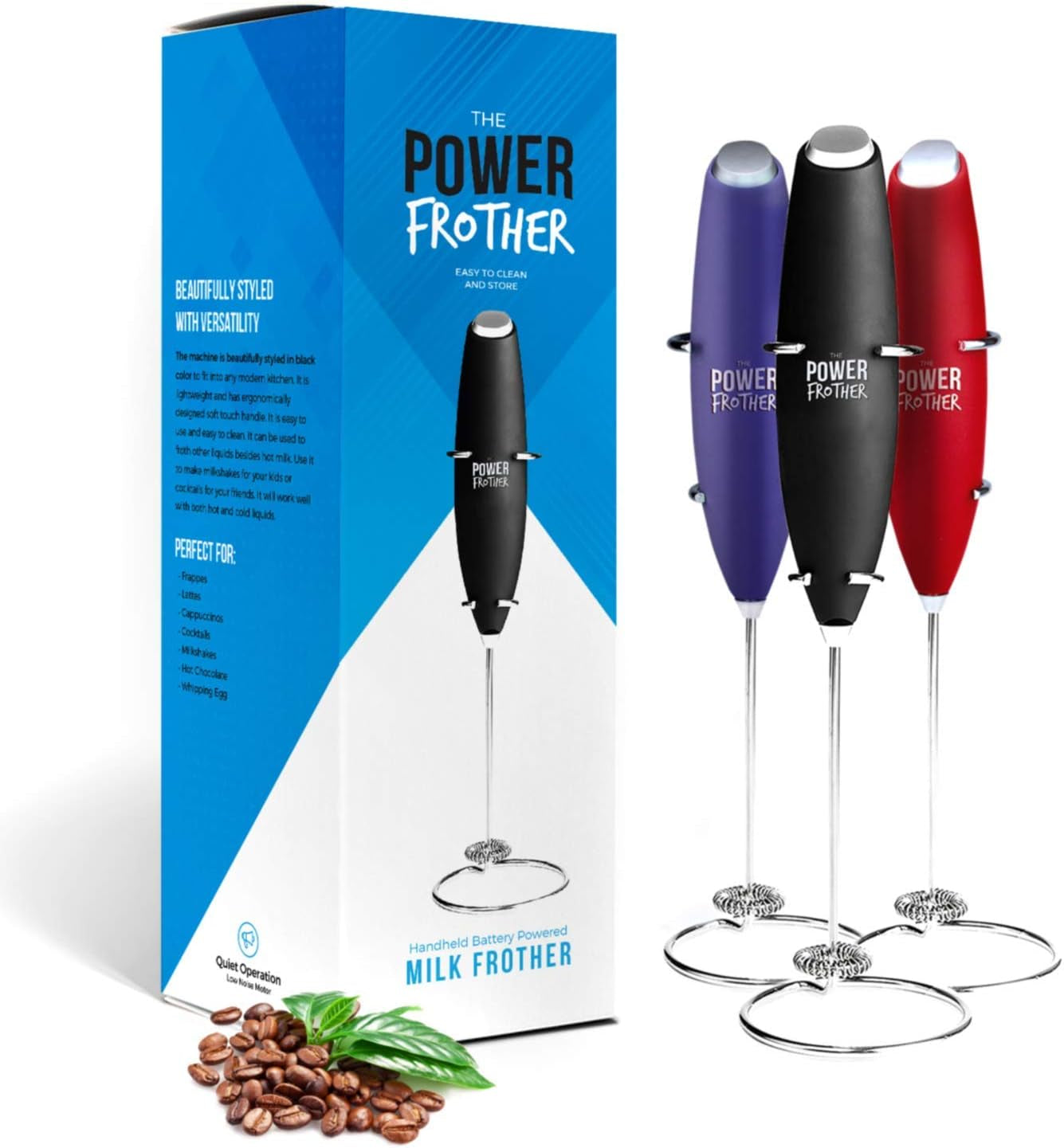 Milk Frother - Black Power Frother - Ultra Durable Electric Handheld - Battery Operated for Coffee, Protein Powder, Collagen, Pre-Workout, Greens, Matcha - Quiet & High Powered - Stand Included