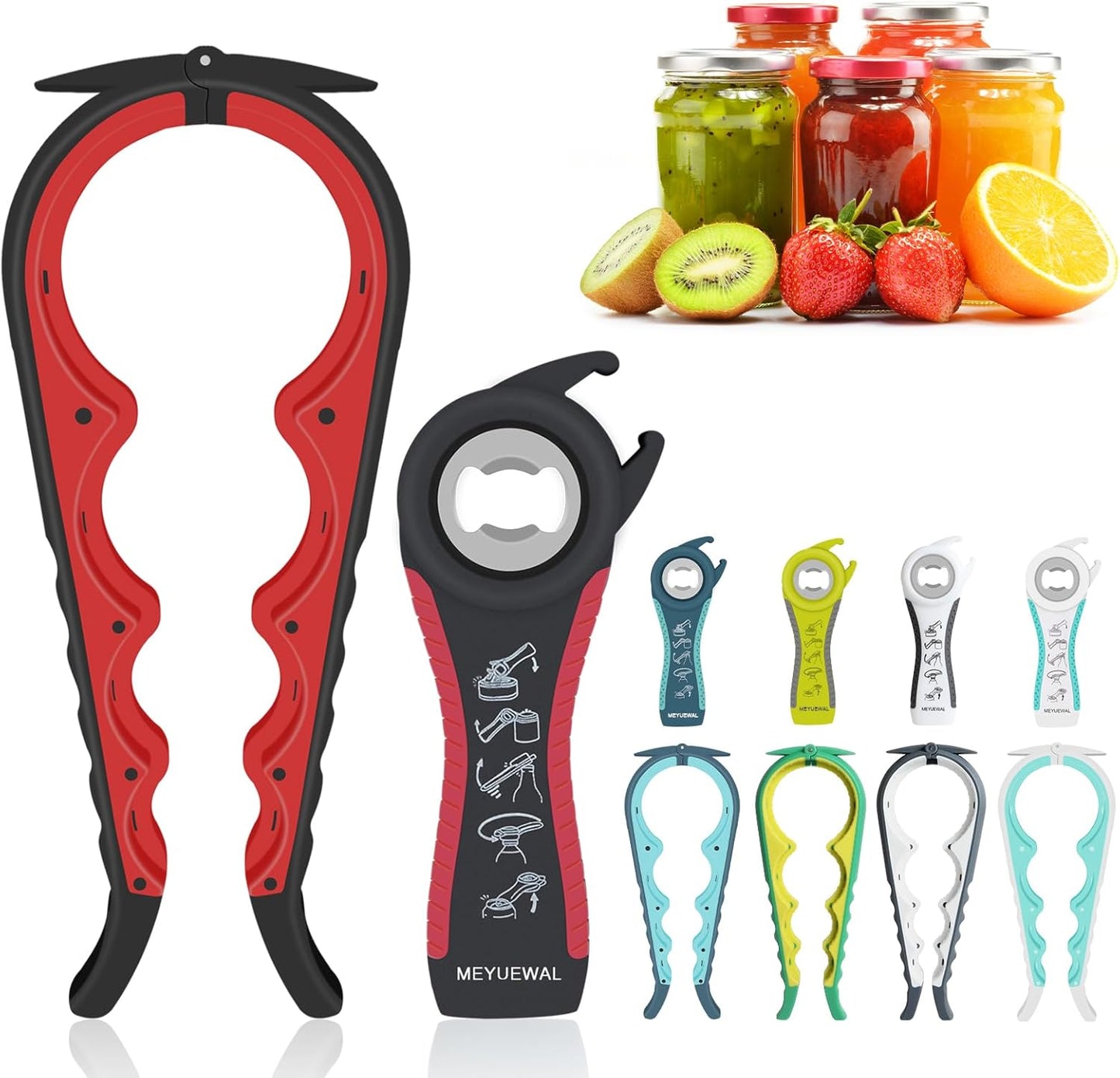 Jar Opener, 5 in 1 Multi Function Can Opener Bottle Opener Kit with Silicone Handle Easy to Use for Children, Elderly and Arthritis Sufferers (Apple Red）