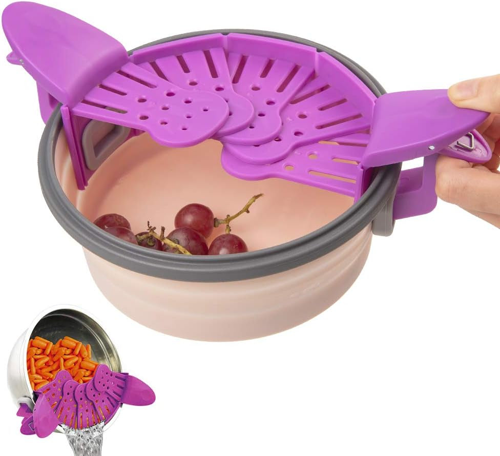 Clip on Strainer with 4 Hot Pads to Drain Water Withstand High and Low Temperature Easy to Use on Many Different Types of Pots Pans and Bowls