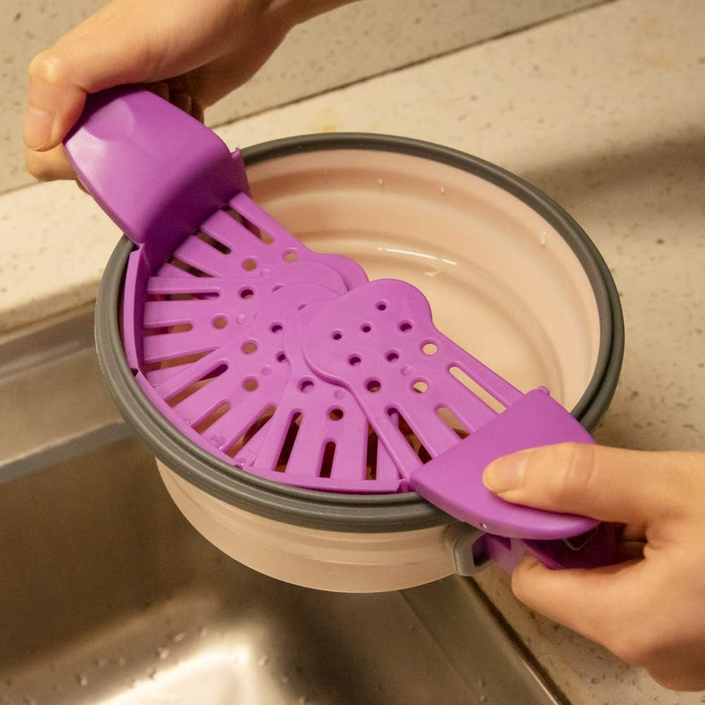 Clip on Strainer with 4 Hot Pads to Drain Water Withstand High and Low Temperature Easy to Use on Many Different Types of Pots Pans and Bowls