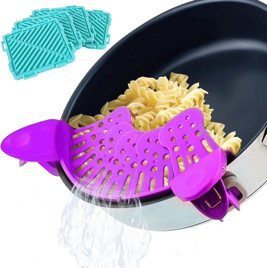 Clip on Strainer with 4 Hot Pads to Drain Water Withstand High and Low Temperature Easy to Use on Many Different Types of Pots Pans and Bowls