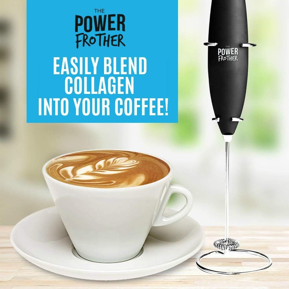 Milk Frother - Black Power Frother - Ultra Durable Electric Handheld - Battery Operated for Coffee, Protein Powder, Collagen, Pre-Workout, Greens, Matcha - Quiet & High Powered - Stand Included