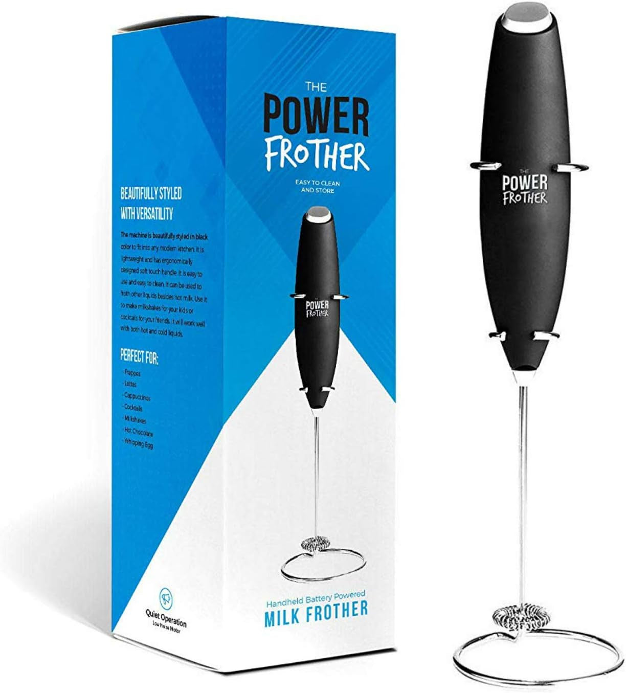 Milk Frother - Black Power Frother - Ultra Durable Electric Handheld - Battery Operated for Coffee, Protein Powder, Collagen, Pre-Workout, Greens, Matcha - Quiet & High Powered - Stand Included